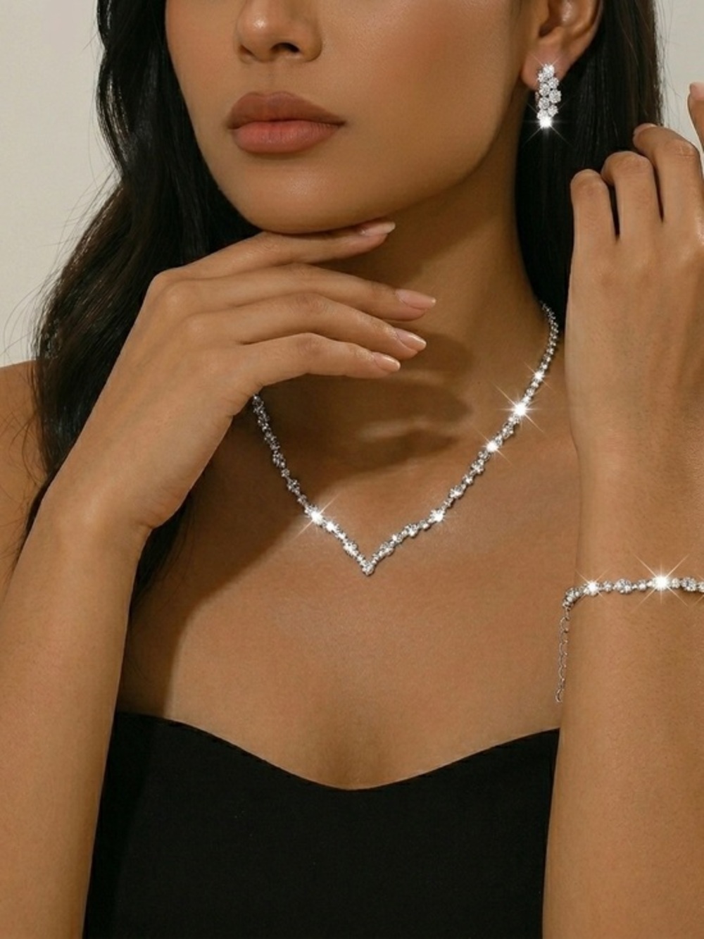 Jewelry Set Silver Crystal V-Point Necklace Earrings Bracelet Sparkling Silver